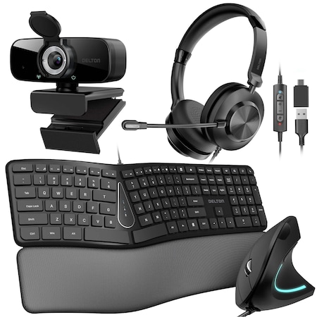 Delton Work Anywhere 32Y USB Headset, 1080p Webcam, Ergonomic USB Keyboard & Mouse Bundle, Black 10Y