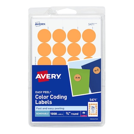 Avery Laser/Inkjet Label, 3/4 in Label W, 3/4 in Label H, 24 Labels per Sheet Neon Orange 727825471