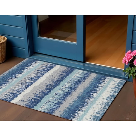 Homeroots 3' X 5' Blue Gray And Ivory Striped Washable Indoor Outdoor Area Rug 598328