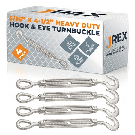 Jrex Safety Galvanized Steel Hook and Eye Turnbuckle - 5/16" x 4-1/2", 4PK GTB516-JR-HE-4PK