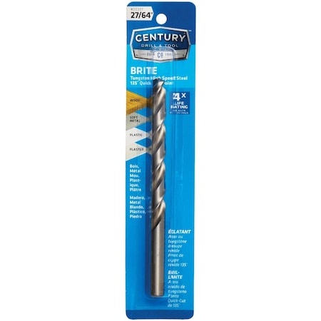 Century Drill & Tool 27/64'' Tungsten High Speed Steel Quick-Cut Point Brite Drill Bit 22327
