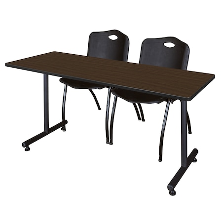 Regency Kobe T-Base Training Seminar Table W/ 2 M Stack Chairs, 60 in W, 24 in L, Neo Walnut MKTRCT6024NW47BK
