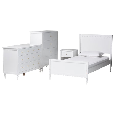 Baxton Studio Roni Modern White Wood 4-Piece Twin Bedroom Set with Scalloped Edges 256-14081-14085-14084-14083-ZORO