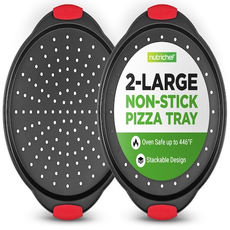 Nutrichef 2-Piece 13-Inch Nonstick Pizza Tray, Round Carbon Steel Non-Stick Pizza Pan with Perforated Holes NCBPIZX2