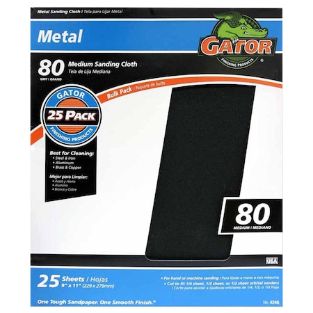 Gator Finishing 9 x 11 in. Metal Sanding Cloths, 80 Grit, Medium, 25PK 4246