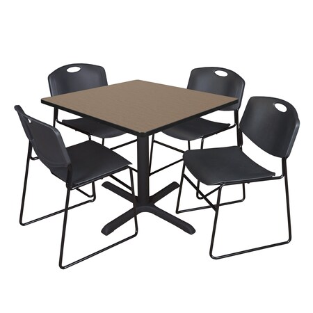 Regency Square Cain Breakroom Table W/ 4 Zeng Stack Chairs, 36 in W, 36 in L, Noble Oak TB3636NO44BK