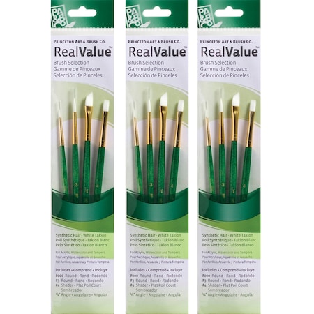 Princeton RealValue Brush Set, White Taklon Bristles, Short Handle Mixed Media Paintbrush, 4-Piece Set, 3PK PR9117