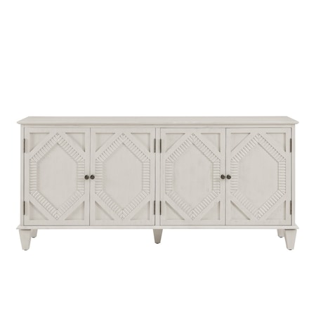 Homeroots 66in White Wood Carved Geometric Accent Cabinet With Four Doors 691656