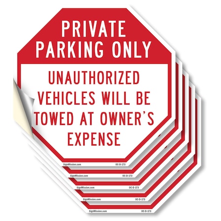 Signmission Private Parking Only Unauthorized V, 4 inch X 4 inch, Vinyl Decal, 5PK OC-D-5PACK-4-173
