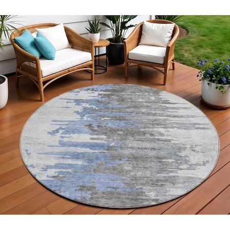 Homeroots 8' Blue Gray And Silver Round Abstract Washable Indoor Outdoor Area Rug 582382