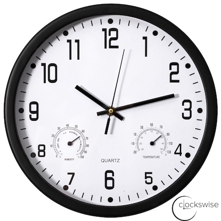 Clockswise 12-inch Non-Ticking Quartz Wall Clock with Thermometer & Hygrometer - Battery Operated QI004748.BK.12