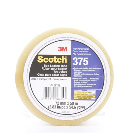 Scotch Packing Tape, 3.1 mil Thick, 3 in W x 50 m L, 3 in Core Dia., Clear 375