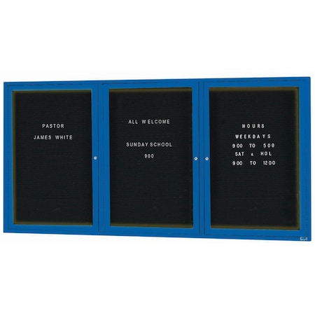 Aarco Illuminated Enclosed Letter Board Directory w/ Powder Coated Blue Al Frame, 36''Hx72''W 3 Doors ADC3672-3IB