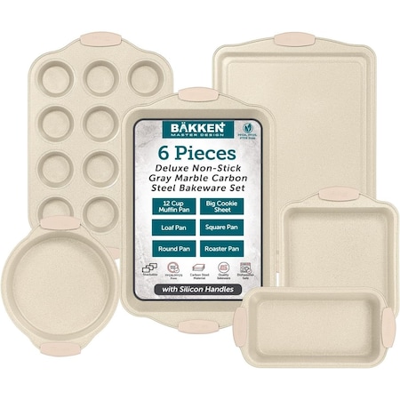 Bakken-Swiss 6-Piece Deluxe Nonstick Baking Pan Set, Carbon Steel with White Marble Coating and Silicone Handles BKBSMARWHT6