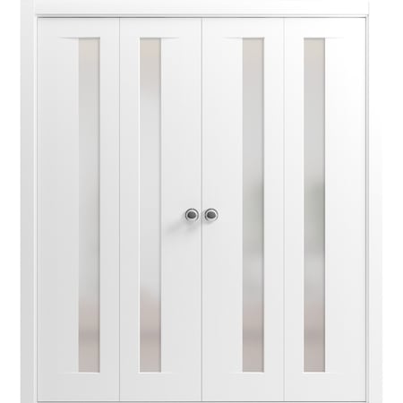 Sartodoors Sliding Closet Double Bi-fold Doors, Planum 0660 Painted White with Frosted Glass, Sturdy Tracks Mo PLANUM0660DBF-BEM-72 x 84 (4* 18x84)