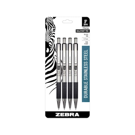 Zebra Pen F-301 Retractable Ballpoint 0.7mm Black 4pk 27114