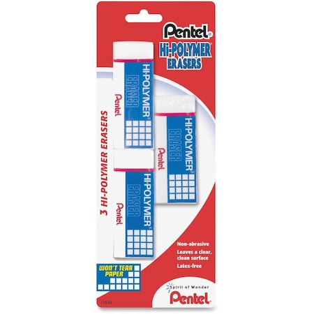 Pentel Hi-Polymer Eraser, Rectangular, Medium, White, Latex-Free Hi-Polymer, 3/Pack ZEH10BP3-K6