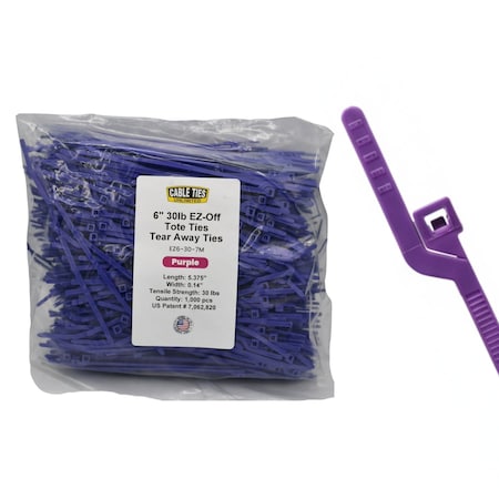 Cable Ties Unlimited Easy-Off Tote Cable Tie, 6 in L, 30 lb Strength, 1.4 in Max Bundle Dia, Nylon 6/6, Purple, 1000PK EZ6-30-7M