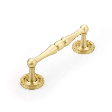 Schaub 4in Center to Center Atherton Knurled Cabinet Pull Satin Brass Finish 576-SB