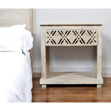 Homeroots 28" White Solid Wood Distressed Carved Geometric One Drawer Nightstand 555401