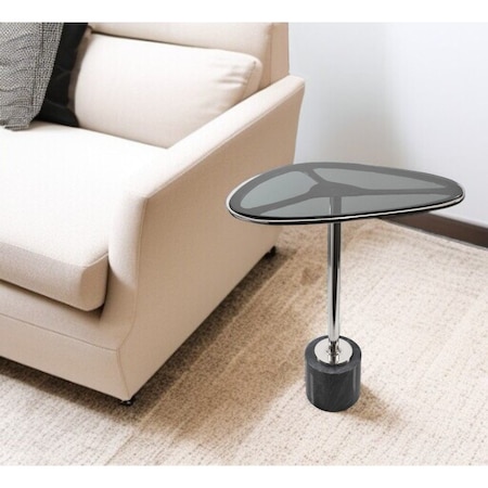 Homeroots 22" Smoky Black and Silver Aluminum Glass and Marble Pedestal End Table 627516