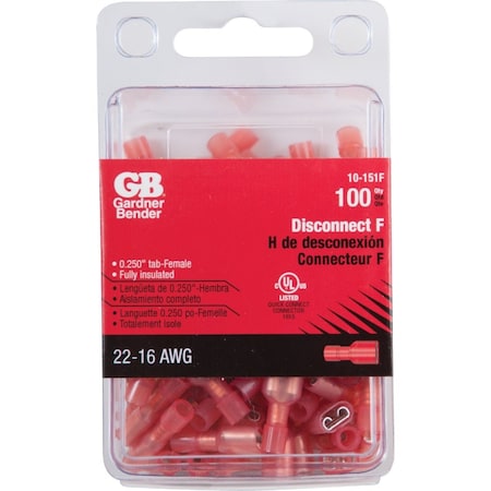 Gardner Bender 22 to 16 AWG Female Red Fully-Insulated Disconnect, 100PK 10-151F