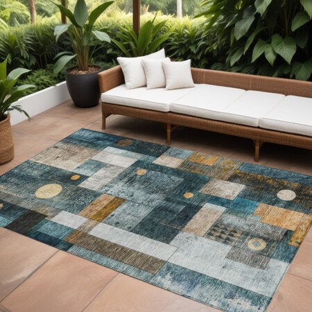 Homeroots 9' X 12' Teal Blue Gray And Gold Geometric Washable Indoor Outdoor Area Rug 604486