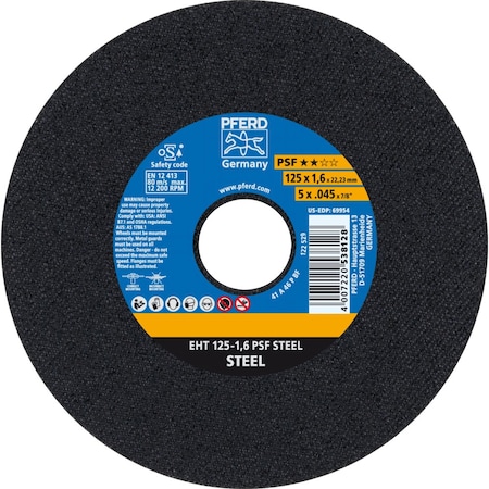 Pferd Tools Cut-Off Wheel, Type 1, 5 in Dia, 0.045 in Thick, 7/8 in Arbor Hole Size, Aluminum Oxide 69954