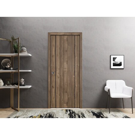Sartodoors Sliding French Pocket Door with, Planum 0017 Walnut and Aluminum Strips, Kit Trims Rail Hardware, S PLANUM0017PD-WLN-32