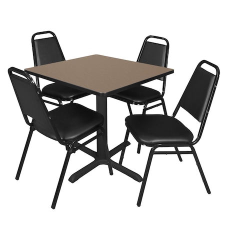 Regency Square Cain Breakroom Table W/ 4 Restaurant Stack Chairs, 30 in W, 30 in L, Noble Oak TB3030NO29BK