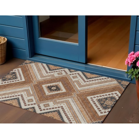 Homeroots 3' X 5' Copper Brown And Beige Tribal Washable Indoor Outdoor Area Rug 598106