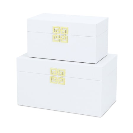 Homeroots Set of Two White Solid Wood And Fabric Box With Lid, 2PK 489390