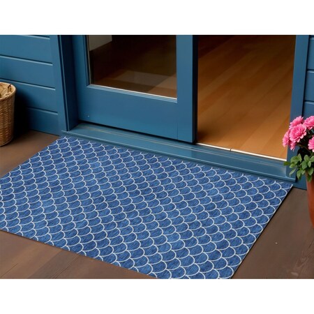 Homeroots 3' X 5' Blue And Ivory Geometric Washable Indoor Outdoor Area Rug 596177