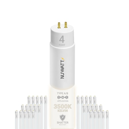Nuwatt T8 LED Tube Lights 4FT, 3500K, Type A and B, Plug and Play or Ballast Bypass, 18W, 2200LM, 30PK NW-T8F-4-18W-35K-30P