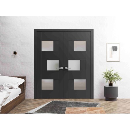 Vdomdoors Solid French Double Doors 72 x 80in, Matte Black W/ Frosted Glass, Closet Bedroom Sturdy Doors SETE6933DD-BLK-72