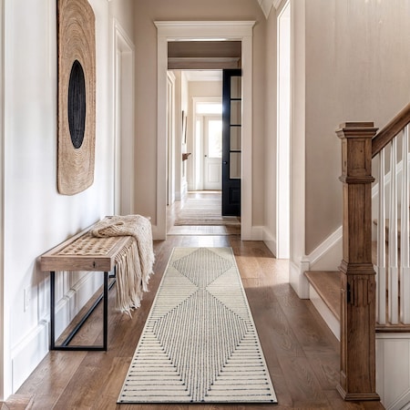 World Rug Gallery Modern Geometric Runner Rug 2 ft 3 in x 12 ft Cream WR91CREAM2X12