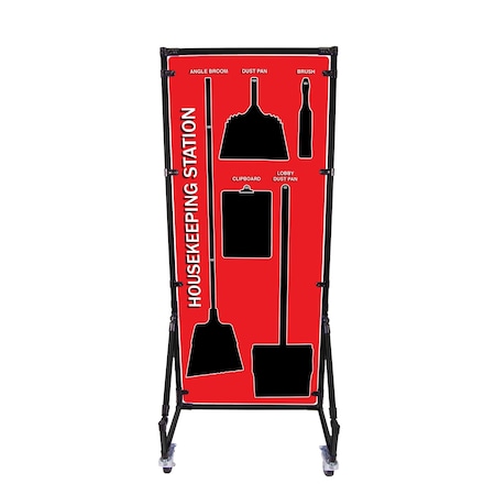 5S Supplies 5S Housekeeping Shadow Board Broom Station Version 12 - Red Board / Black Shadows With Broom HSB-V12-RED-KIT