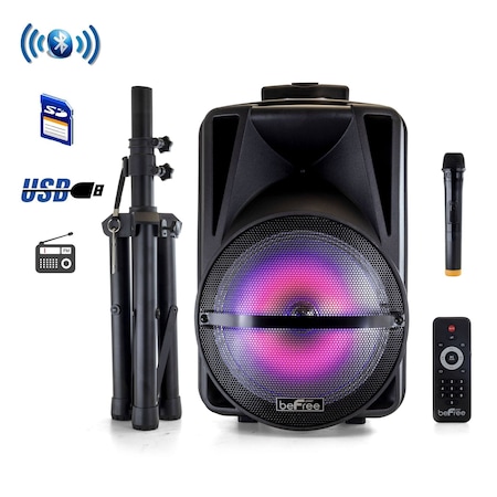 Befree Sound 12 Inch Bluetooth Portable PA Party Speaker with Reactive LED Lights and Stand BFS-1239