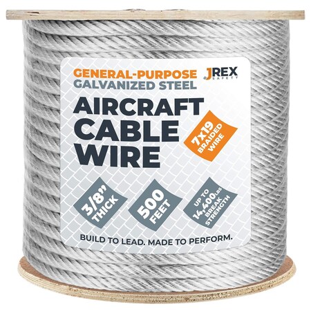 Jrex Safety 7x19 Galvanized Steel Aircraft Cable Wire - 3/8" x 500' Reel - 14,400 lb Break Strength GAC38-JR-500FT