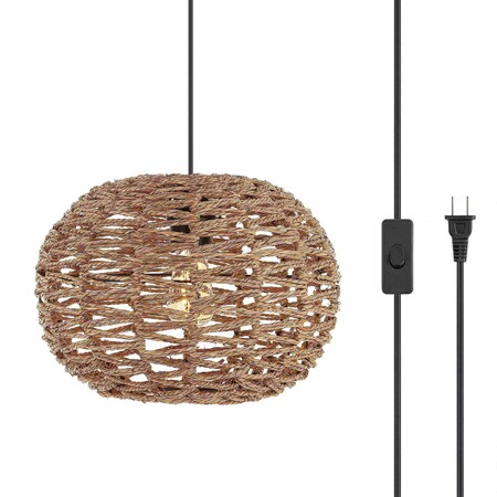 Jonathan Y Isla 14" 1-Light Farmhouse Coastal Rattan 180" Cord Plug-In or Hardwired LED Pendant, Brown JYL1405A