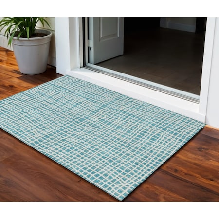 Homeroots 3' X 5' Teal Blue And Ivory Striped Washable Indoor Outdoor Area Rug 583462