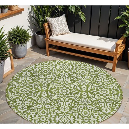 Homeroots 8' Olive Green And Ivory Round Damask Washable Indoor Outdoor Area Rug 595177