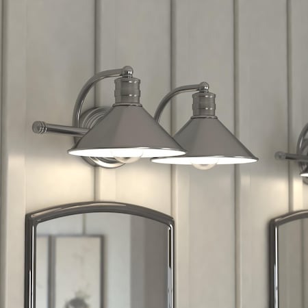 Vaxcel Akron 18-in Satin Nickel Farmhouse Barn Wall Sconce, 2 Light Bathroom Vanity Fixture, Metal Shade, White Interior W0376