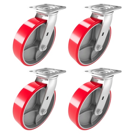 Hyw Products Heavy Duty Caster Set 8in Red Polyurethane on Cast Iron Wheels, 4 Swivel, 4PK 40-80S-A1-PC-4 (R)