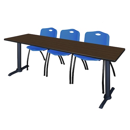Regency Cain T-Base Training Seminar Table W/ 3 M Stack Chairs, 84 in W, 24 in L, Neo Walnut MTRCT8424NW47BE