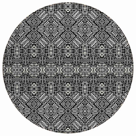 Homeroots 8' Black And Ivory Round Tribal Washable Indoor Outdoor Area Rug 614205