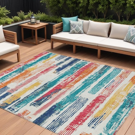 Homeroots 9' X 12' Ivory Teal Blue Orange And Red Striped Washable Indoor Outdoor Area Rug 616656