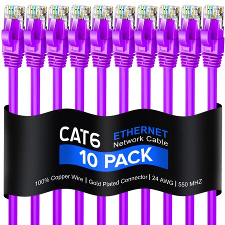 Maximm Cat6 Ethernet Cable 12ft 10Gbps 550MHz UTP, 10PK, Purple, 10PK CAT6-12PU-10PK
