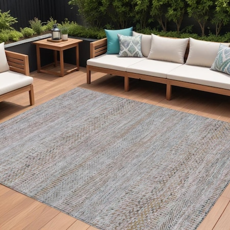 Homeroots 9' X 12' Linen And Gray Striped Washable Indoor Outdoor Area Rug 615672