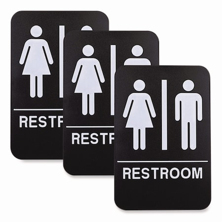Excello Global Products Indoor/Outdoor Restroom with Braille Text, 6in x 9in, Black Face, White Graphics, 3PK EGP-HD-0275-S